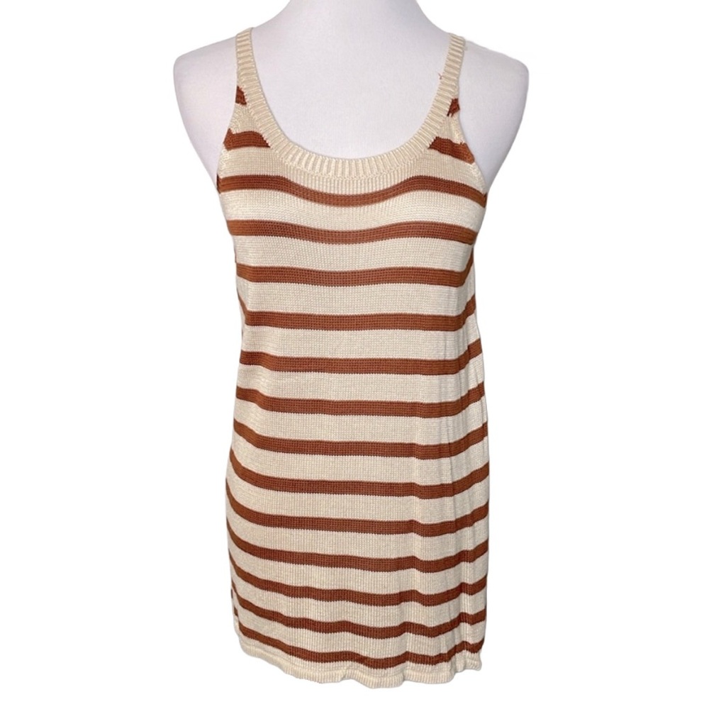 Lumiere Tan and Rust Striped Knit Sleeveless Longer Length Soft Sweater Tank
